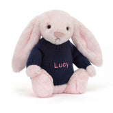Bashful Pink Bunny with Personalized Navy Jumper