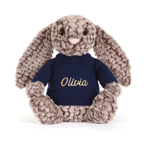 Bashful Luxe Bunny Pine with Personalized Navy Jumper