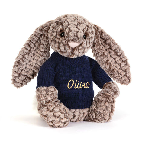 Bashful Luxe Bunny Pine with Personalized Navy Jumper