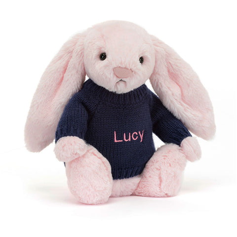 Bashful Pink Bunny with Personalized Navy Jumper