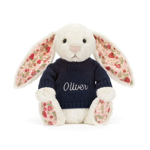 Blossom Cream Bunny 'Berry' with Personalized Navy Jumper
