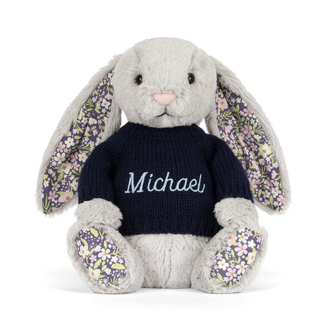 Blossom Silver Bunny 'Bloom' with Personalized Navy Jumper