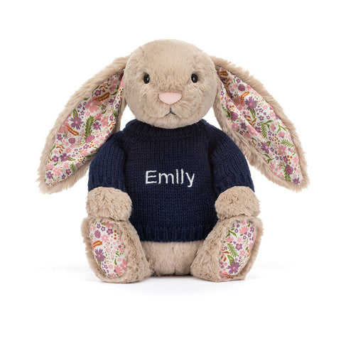 Blossom Beige Bunny 'Petal' with Personalized Navy Jumper