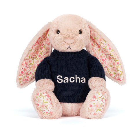 Blossom Blush Bunny 'Cherry' with Personalized Navy Jumper