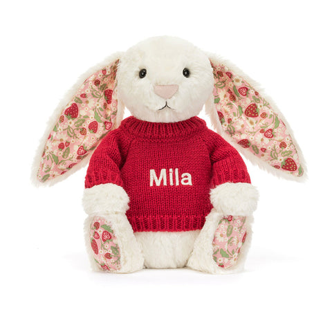 Blossom Cream Bunny 'Berry' with Personalized Red Jumper